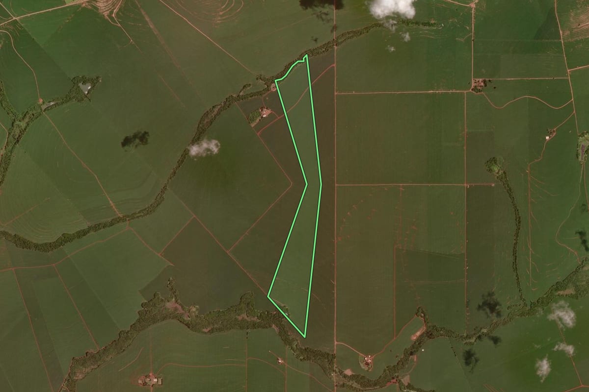 Imagem de satélite do imóvel rural em Rancho Alegre D'Oeste (PR), com o contorno declarado no CAR desenhado por cima.