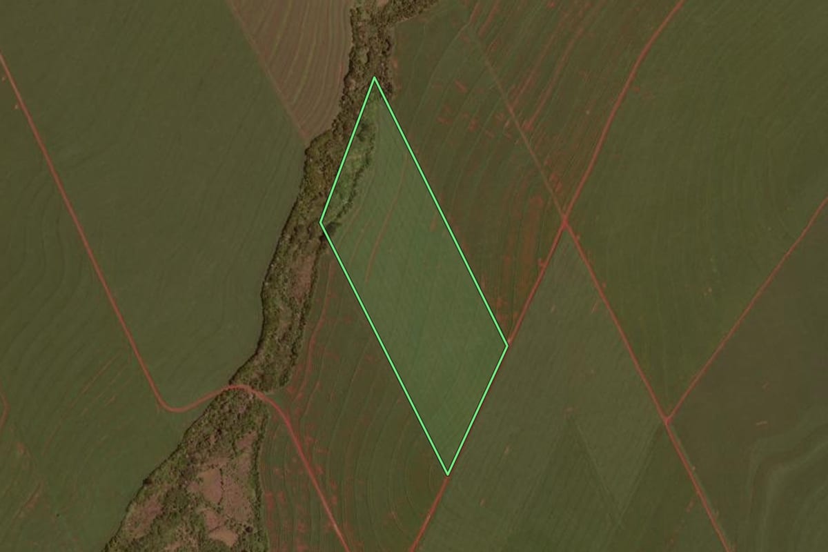 Imagem de satélite do imóvel rural em Rancho Alegre D'Oeste (PR), com o contorno declarado no CAR desenhado por cima.
