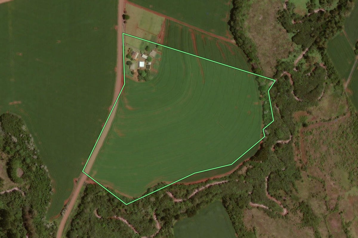 Imagem de satélite do imóvel rural em Rancho Alegre D'Oeste (PR), com o contorno declarado no CAR desenhado por cima.
