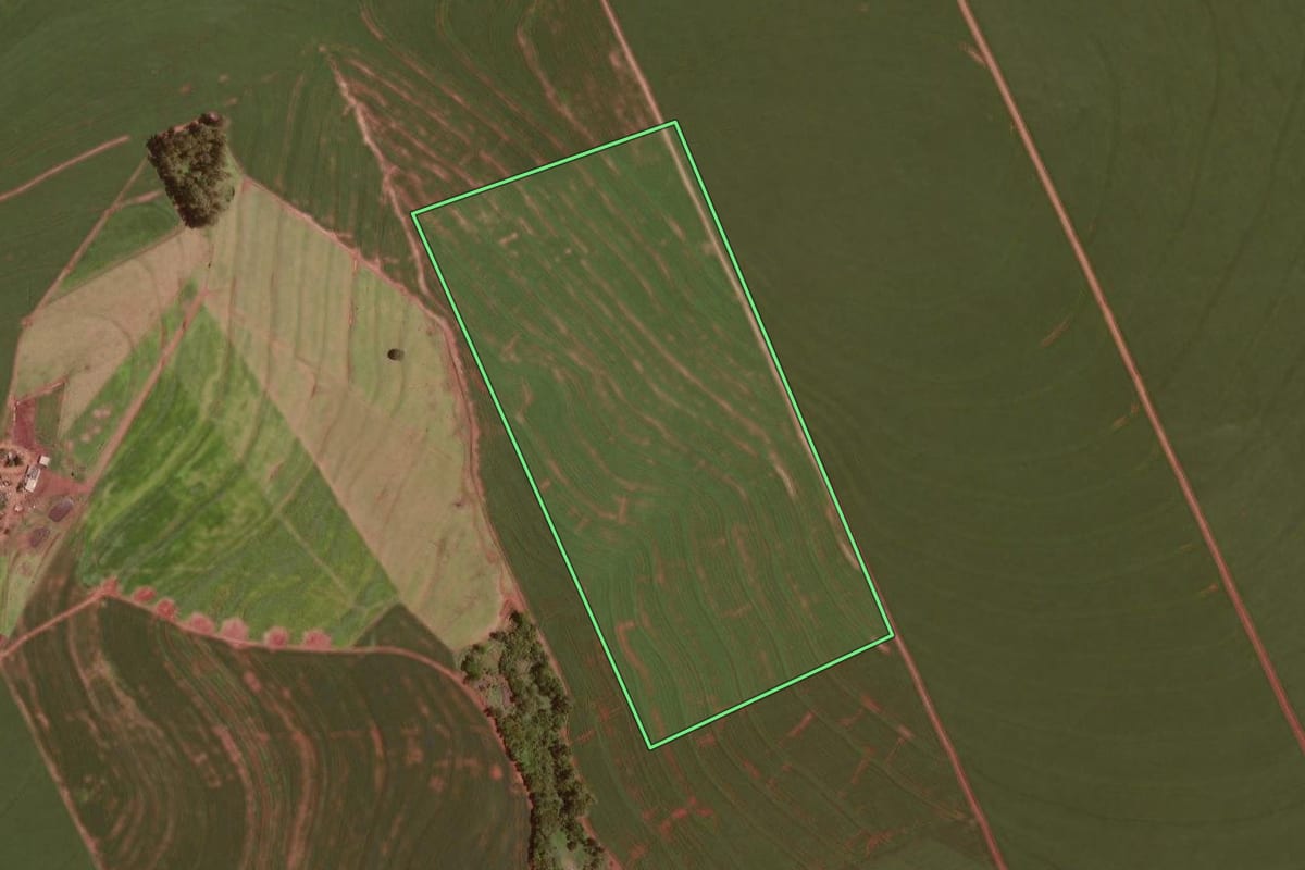 Imagem de satélite do imóvel rural em Rancho Alegre D'Oeste (PR), com o contorno declarado no CAR desenhado por cima.