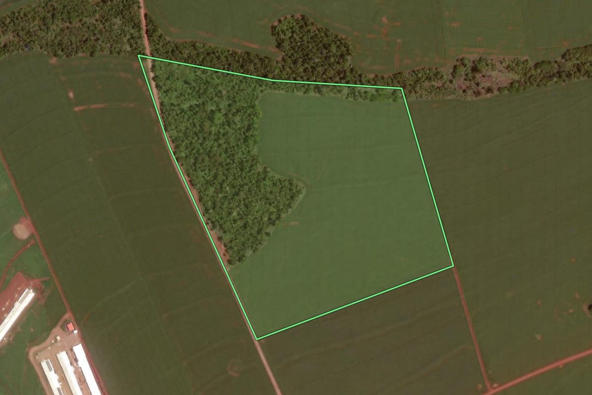 Imagem de satélite do imóvel rural em Rancho Alegre D'Oeste (PR), com o contorno declarado no CAR desenhado por cima.