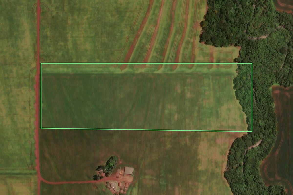 Imagem de satélite do imóvel rural em Rancho Alegre D'Oeste (PR), com o contorno declarado no CAR desenhado por cima.