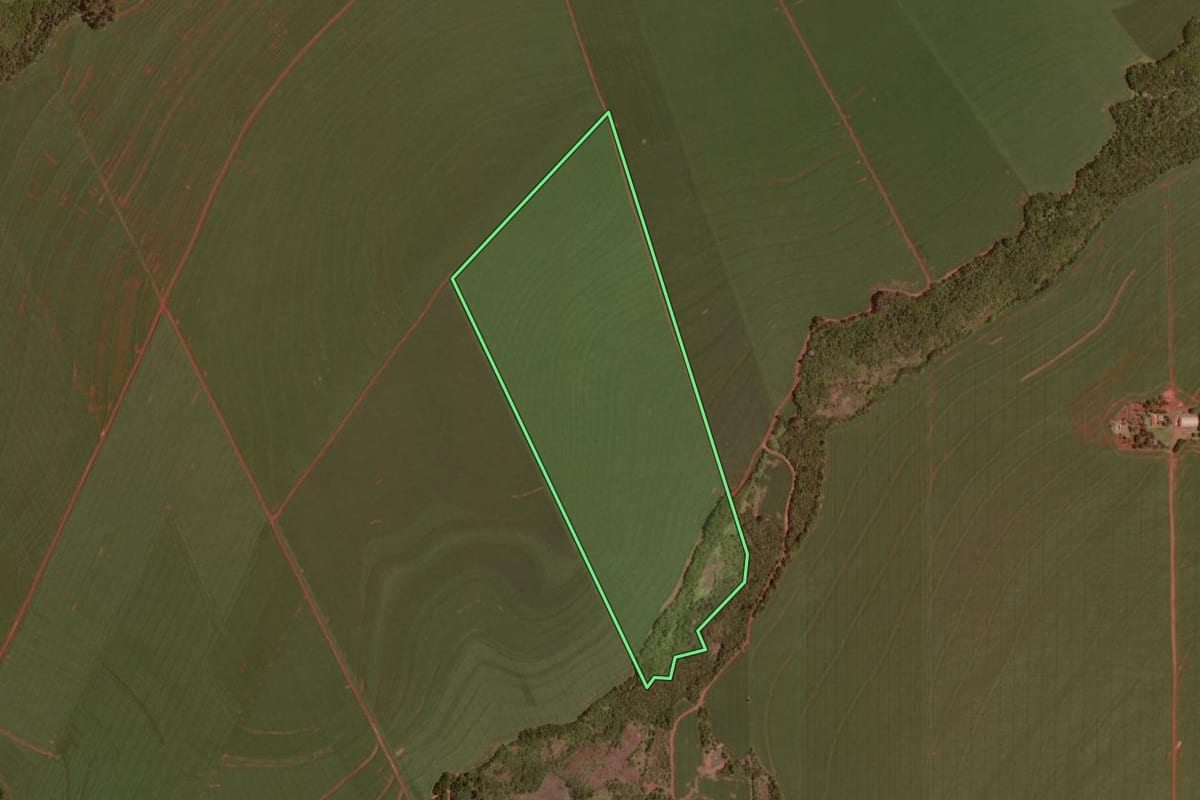 Imagem de satélite do imóvel rural em Rancho Alegre D'Oeste (PR), com o contorno declarado no CAR desenhado por cima.