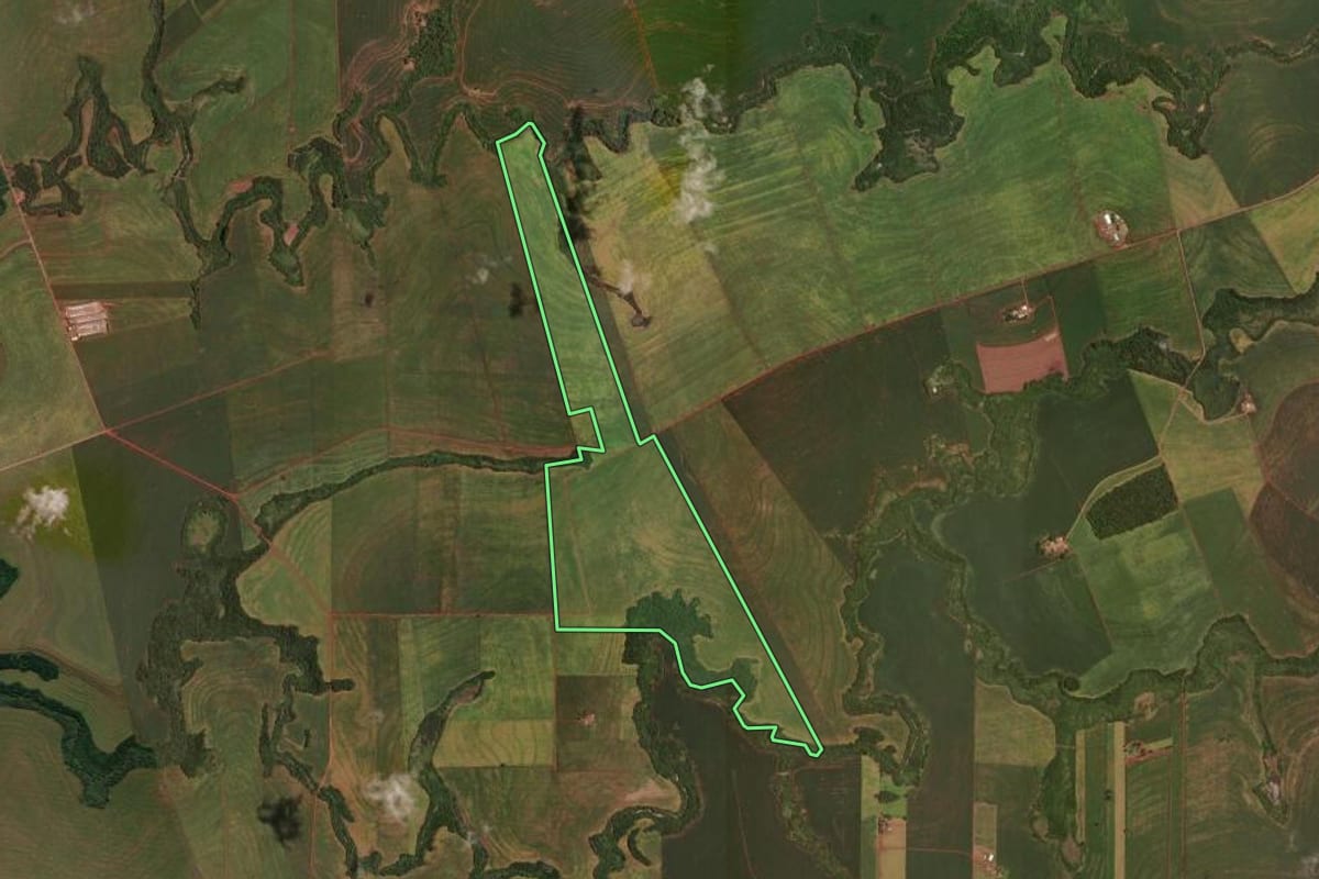 Imagem de satélite do imóvel rural em Rancho Alegre D'Oeste (PR), com o contorno declarado no CAR desenhado por cima.