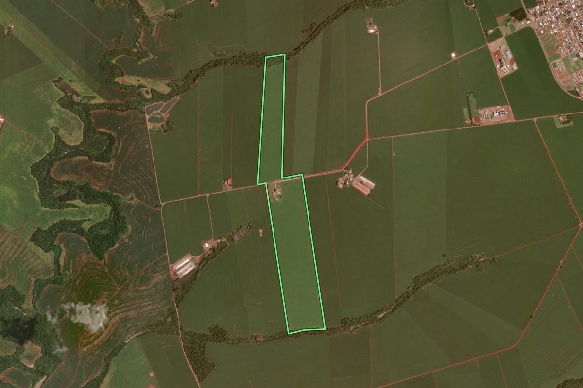 Imagem de satélite do imóvel rural em Rancho Alegre D'Oeste (PR), com o contorno declarado no CAR desenhado por cima.