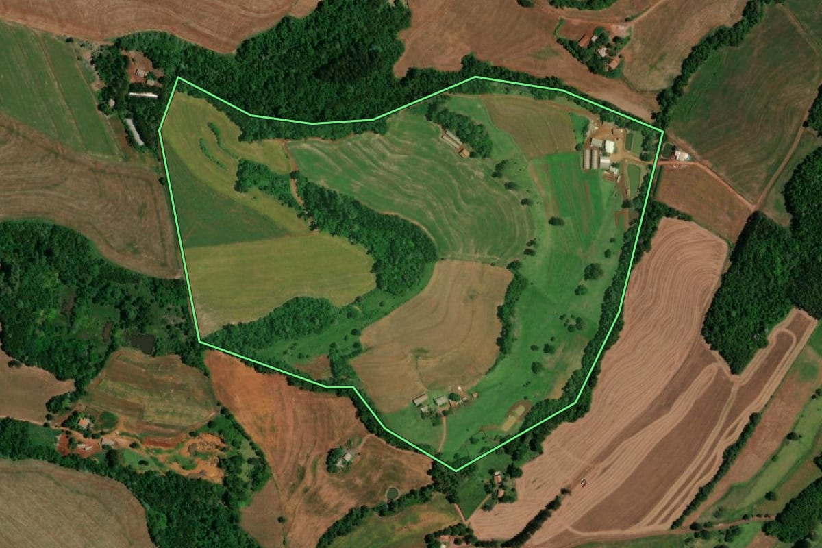 Imagem de satélite do imóvel rural em Realeza (PR), com o contorno declarado no CAR desenhado por cima.