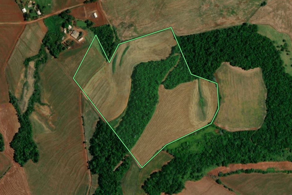 Imagem de satélite do imóvel rural em Realeza (PR), com o contorno declarado no CAR desenhado por cima.