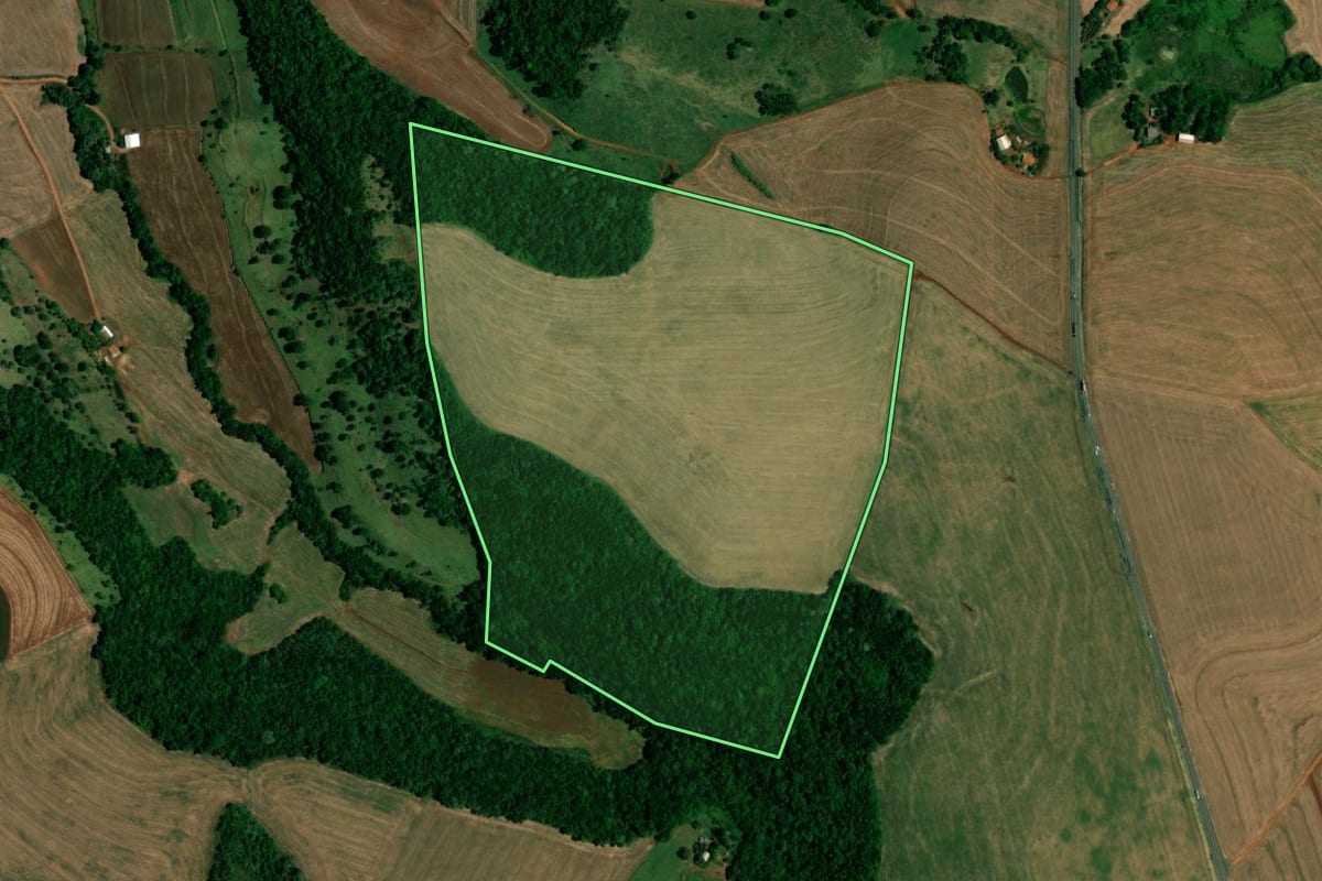 Imagem de satélite do imóvel rural em Realeza (PR), com o contorno declarado no CAR desenhado por cima.