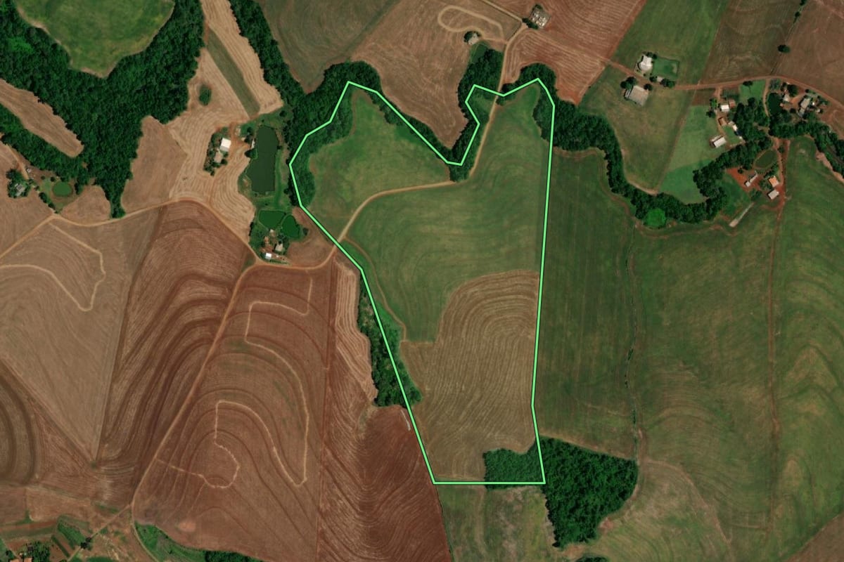 Imagem de satélite do imóvel rural em Realeza (PR), com o contorno declarado no CAR desenhado por cima.