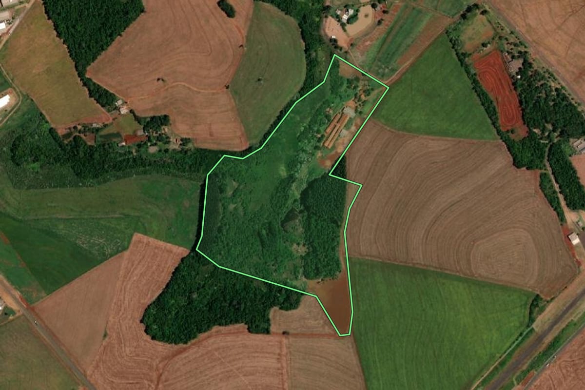 Imagem de satélite do imóvel rural em Realeza (PR), com o contorno declarado no CAR desenhado por cima.