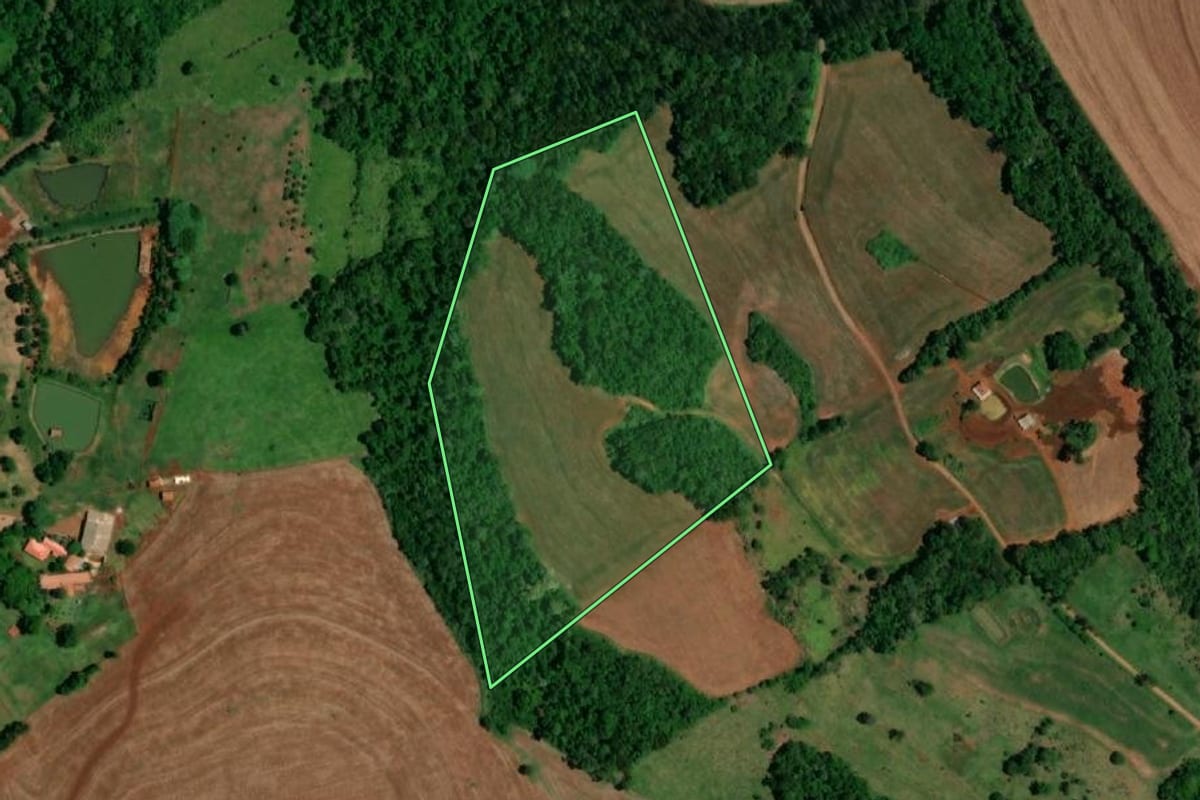 Imagem de satélite do imóvel rural em Realeza (PR), com o contorno declarado no CAR desenhado por cima.