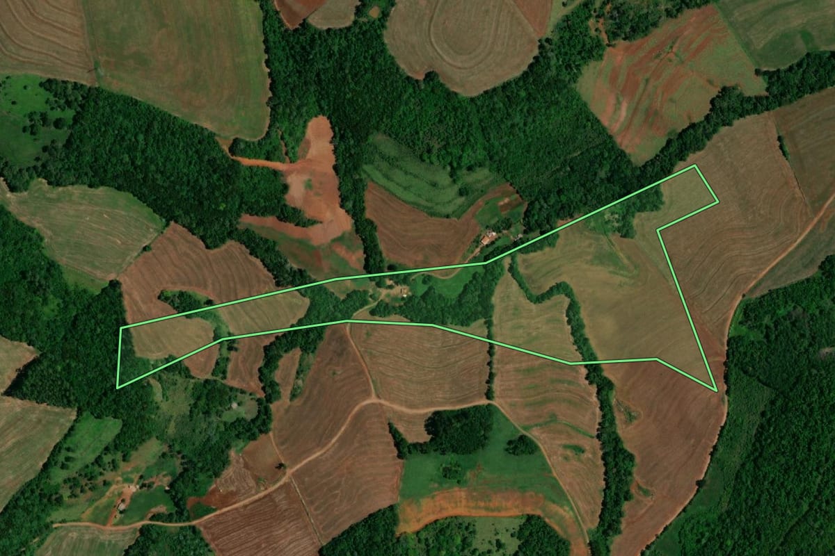 Imagem de satélite do imóvel rural em Realeza (PR), com o contorno declarado no CAR desenhado por cima.