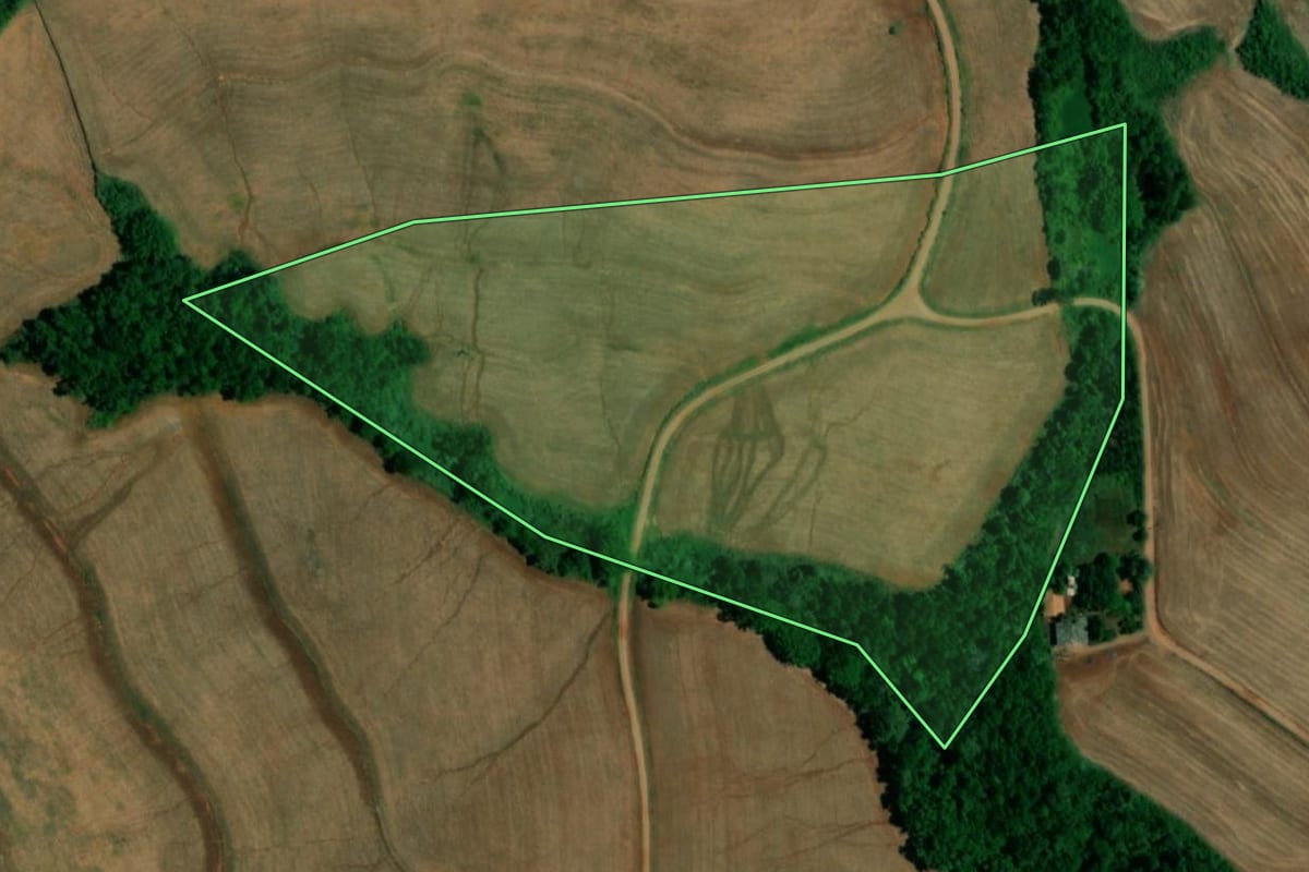 Imagem de satélite do imóvel rural em Realeza (PR), com o contorno declarado no CAR desenhado por cima.