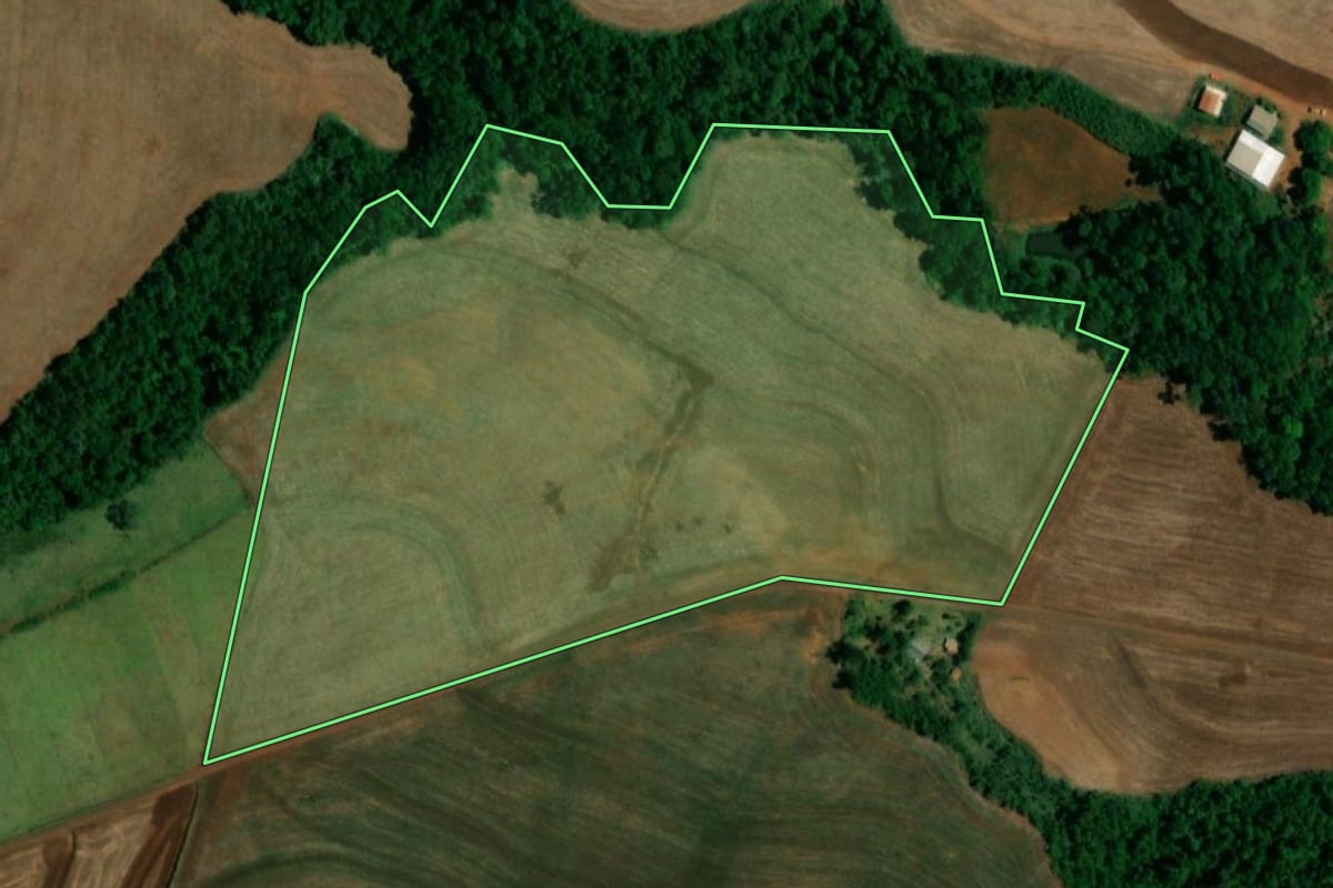Imagem de satélite do imóvel rural em Realeza (PR), com o contorno declarado no CAR desenhado por cima.