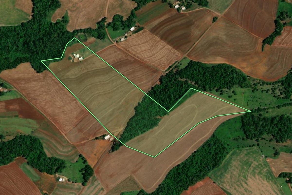 Imagem de satélite do imóvel rural em Realeza (PR), com o contorno declarado no CAR desenhado por cima.