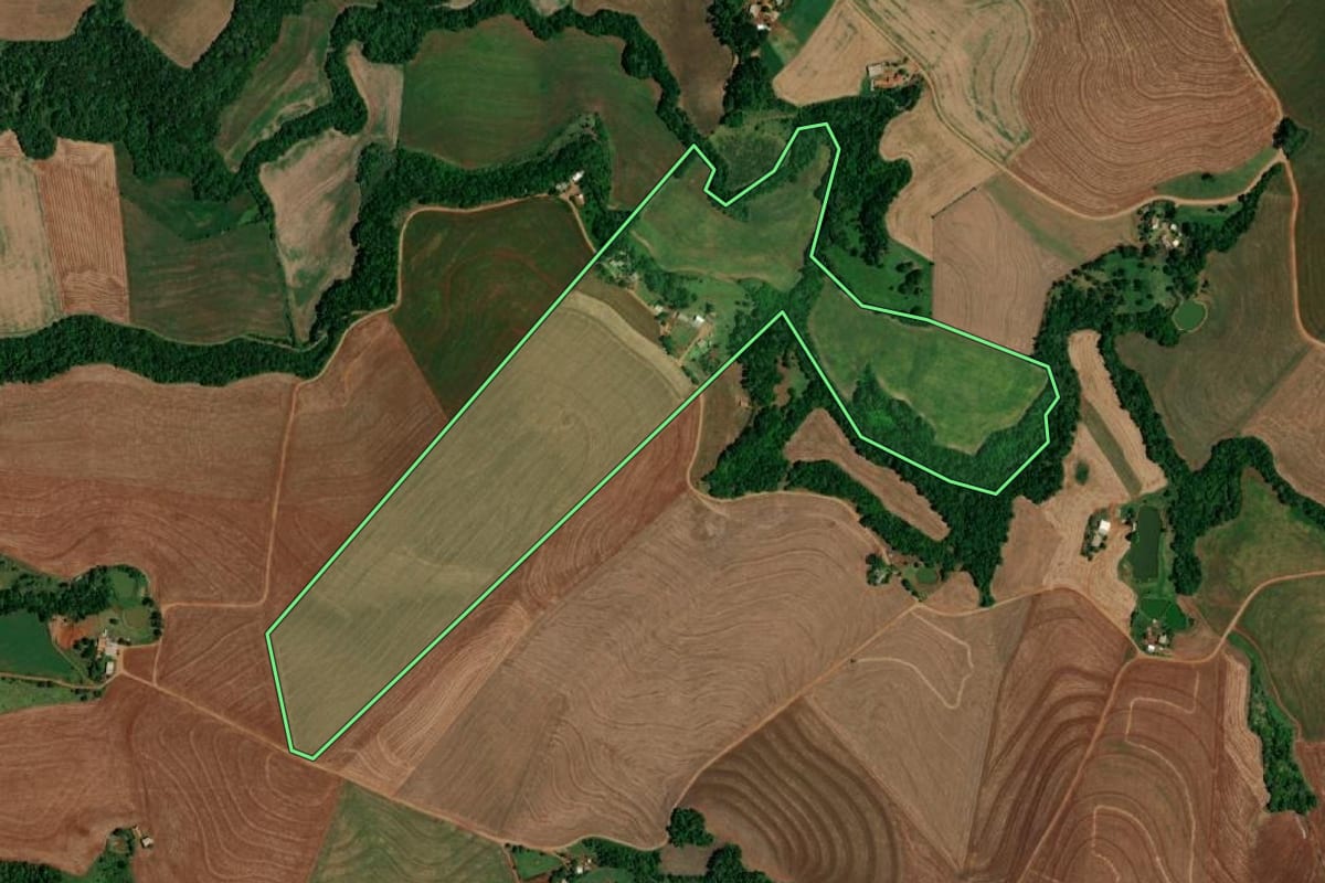 Imagem de satélite do imóvel rural em Realeza (PR), com o contorno declarado no CAR desenhado por cima.