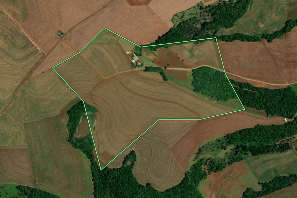 Imagem de satélite do imóvel rural em Realeza (PR), com o contorno declarado no CAR desenhado por cima.