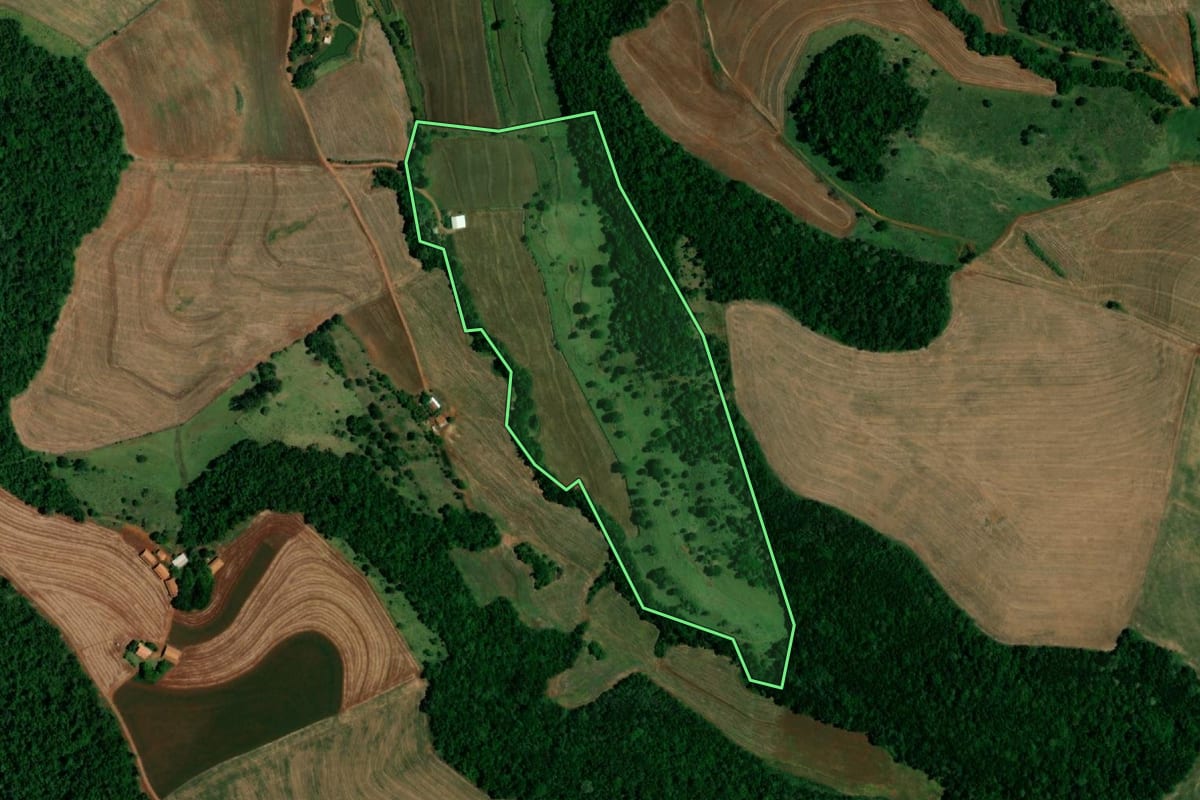 Imagem de satélite do imóvel rural em Realeza (PR), com o contorno declarado no CAR desenhado por cima.