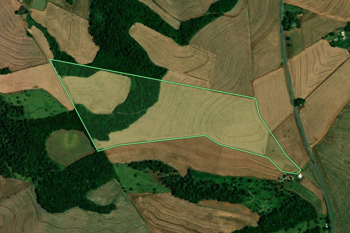 Imagem de satélite do imóvel rural em Realeza (PR), com o contorno declarado no CAR desenhado por cima.