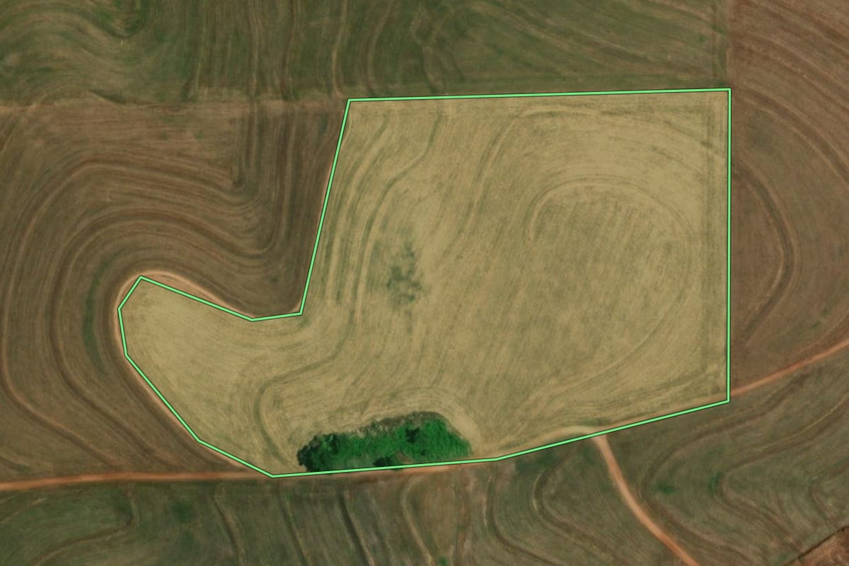 Imagem de satélite do imóvel rural em Realeza (PR), com o contorno declarado no CAR desenhado por cima.