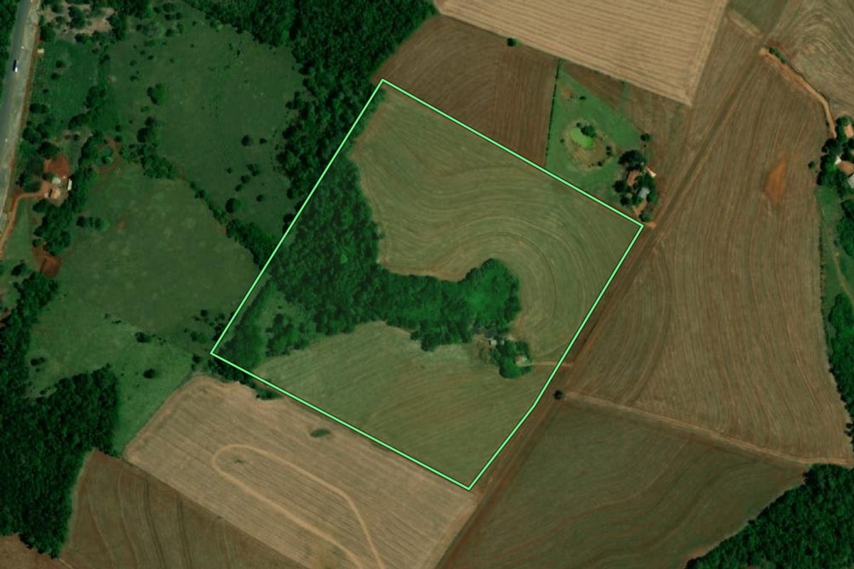 Imagem de satélite do imóvel rural em Realeza (PR), com o contorno declarado no CAR desenhado por cima.