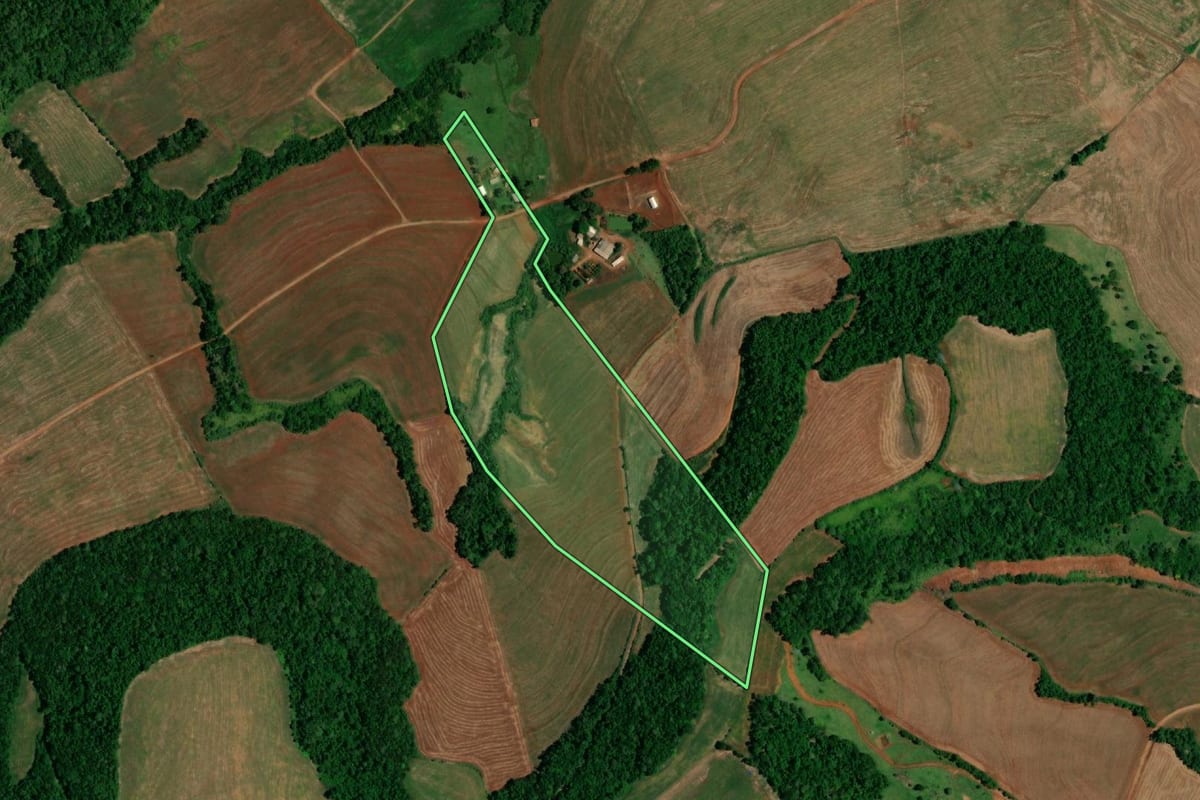 Imagem de satélite do imóvel rural em Realeza (PR), com o contorno declarado no CAR desenhado por cima.