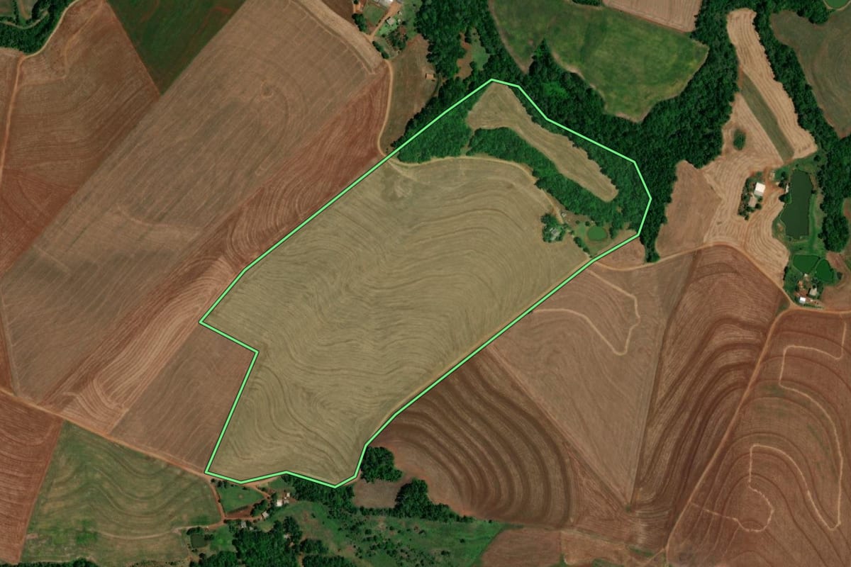 Imagem de satélite do imóvel rural em Realeza (PR), com o contorno declarado no CAR desenhado por cima.