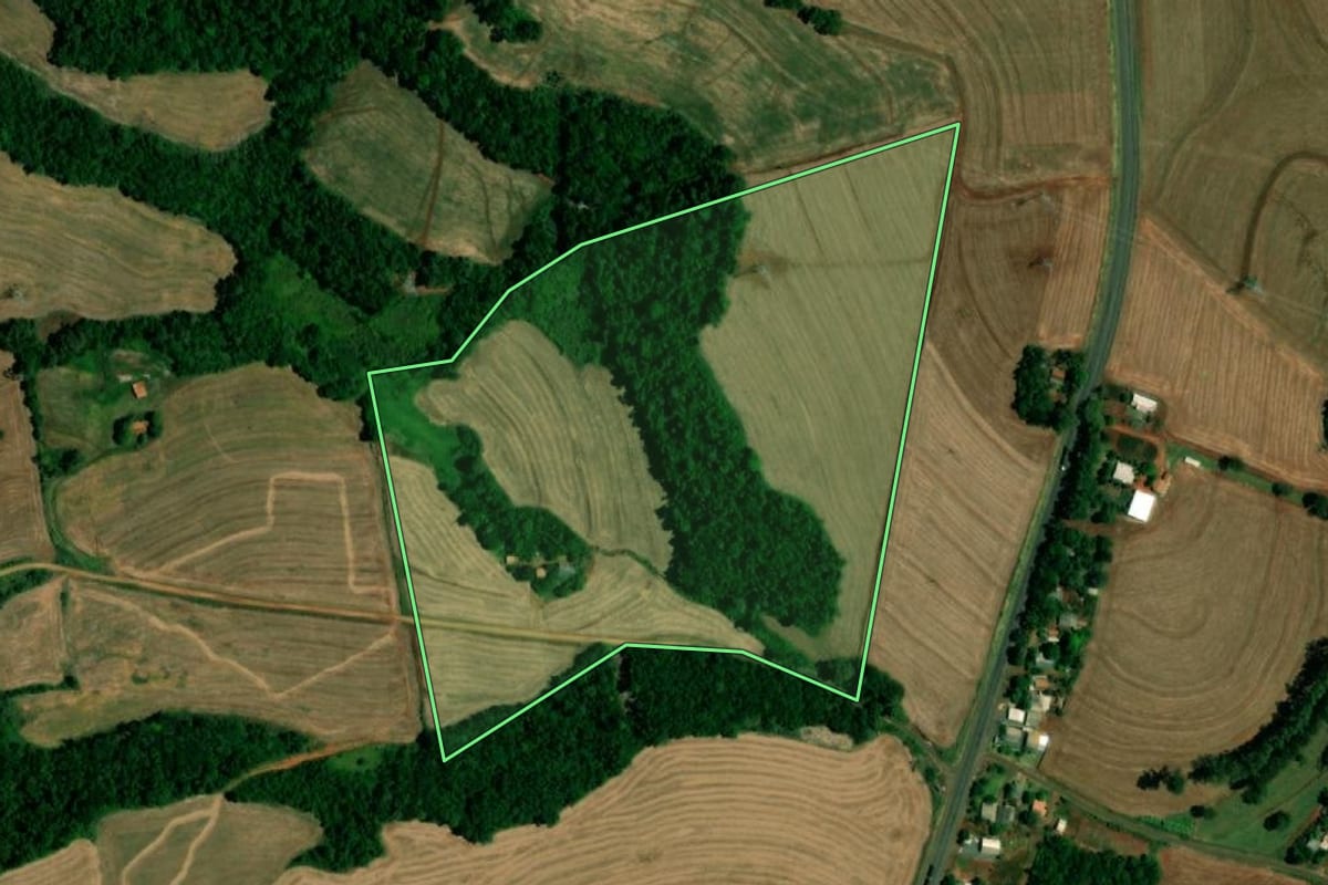 Imagem de satélite do imóvel rural em Realeza (PR), com o contorno declarado no CAR desenhado por cima.
