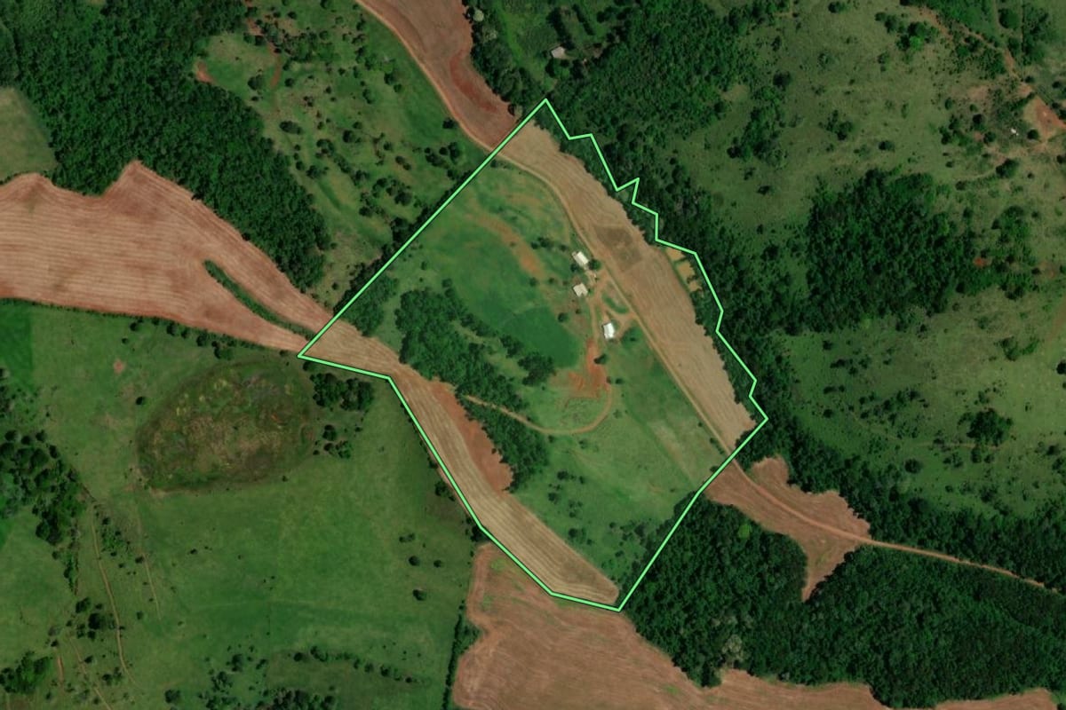 Imagem de satélite do imóvel rural em Realeza (PR), com o contorno declarado no CAR desenhado por cima.