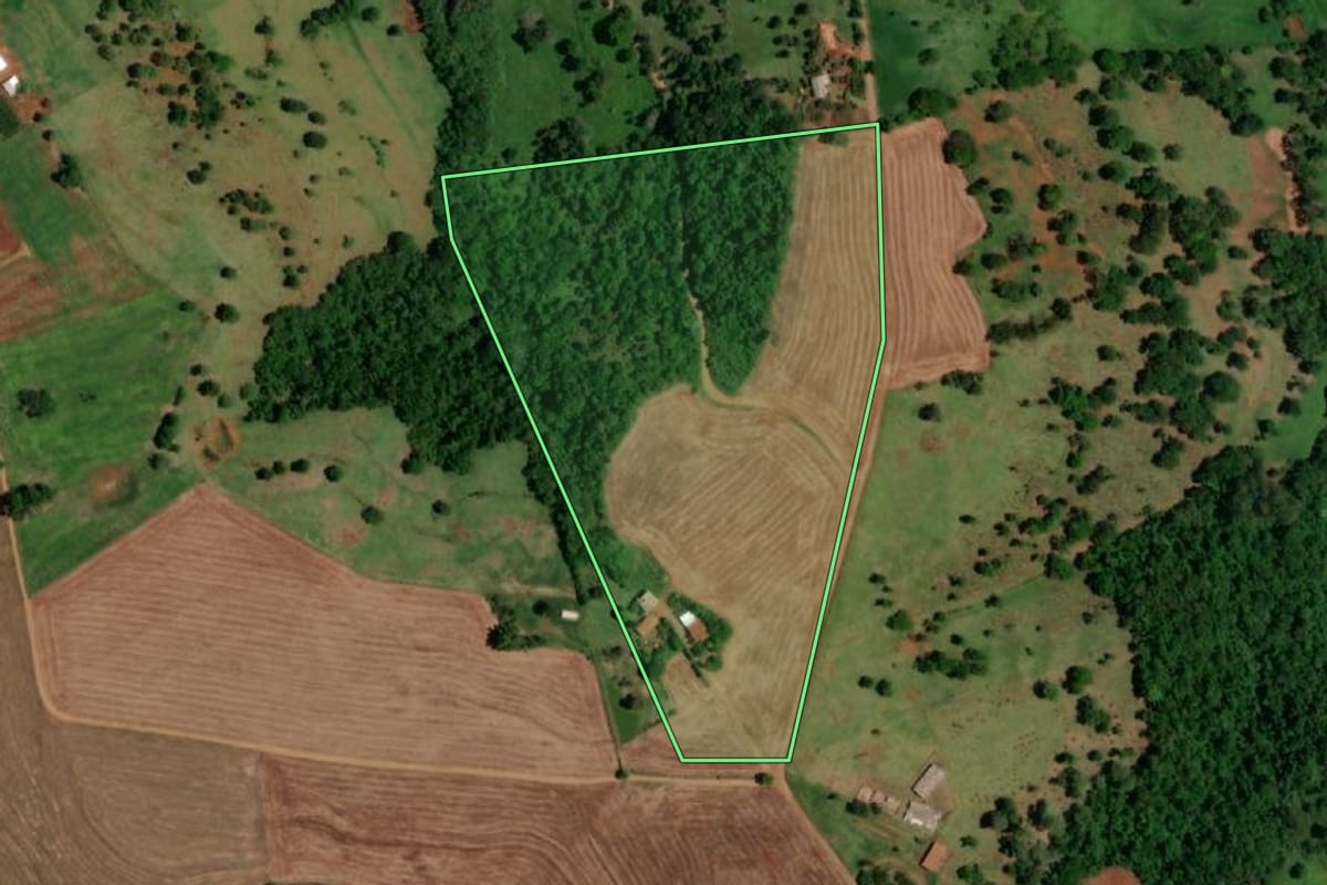 Imagem de satélite do imóvel rural em Realeza (PR), com o contorno declarado no CAR desenhado por cima.
