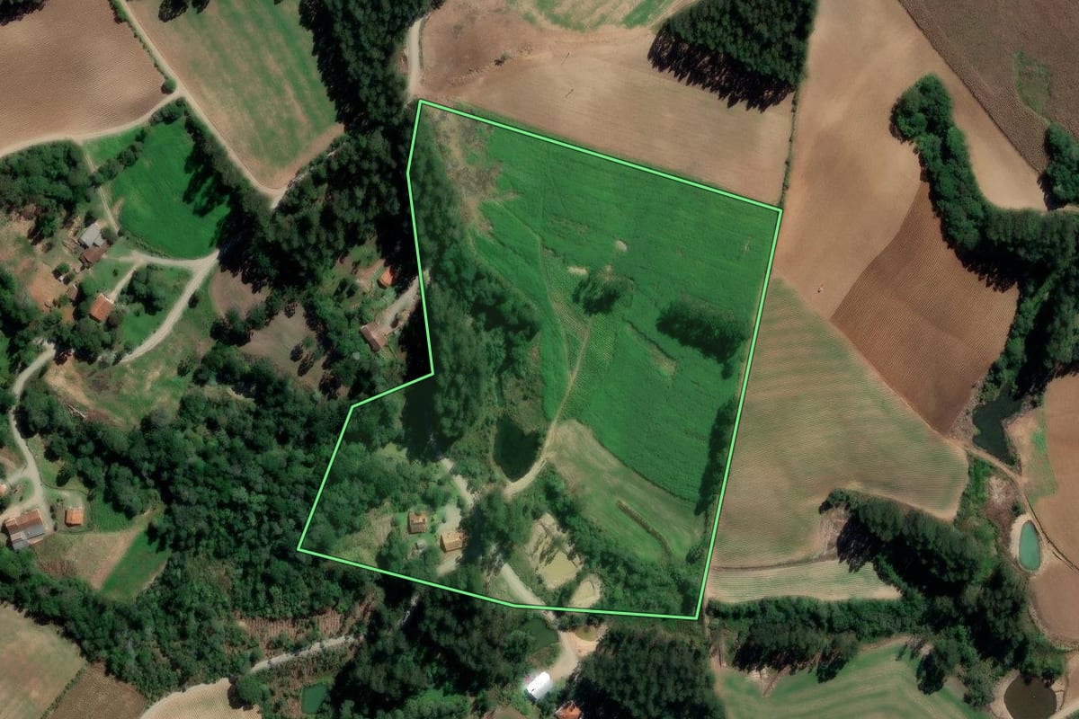 Imagem de satélite do imóvel rural em Rebouças (PR), com o contorno declarado no CAR desenhado por cima.
