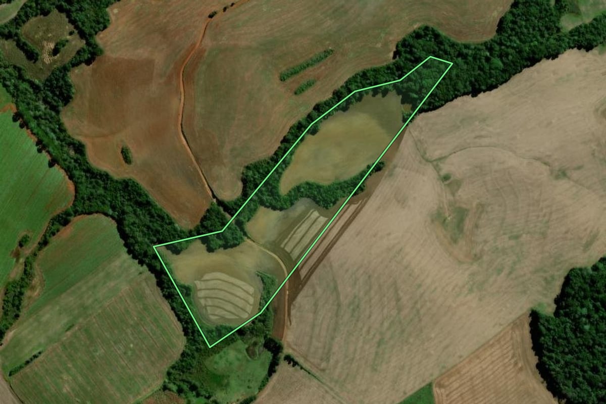 Imagem de satélite do imóvel rural em Rebouças (PR), com o contorno declarado no CAR desenhado por cima.