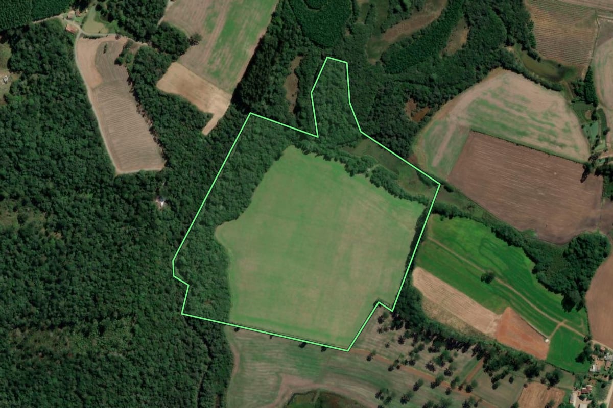 Imagem de satélite do imóvel rural em Rebouças (PR), com o contorno declarado no CAR desenhado por cima.