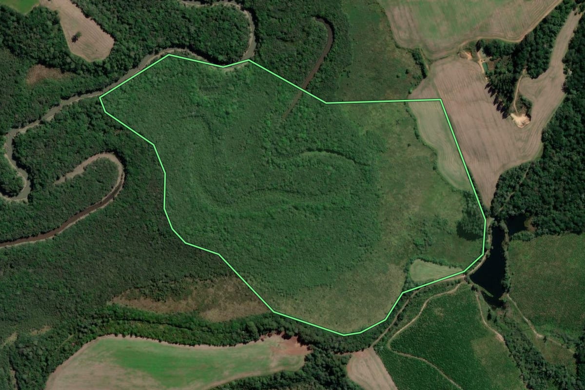 Imagem de satélite do imóvel rural em Rebouças (PR), com o contorno declarado no CAR desenhado por cima.