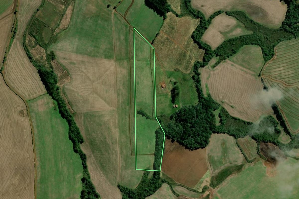 Imagem de satélite do imóvel rural em Rebouças (PR), com o contorno declarado no CAR desenhado por cima.