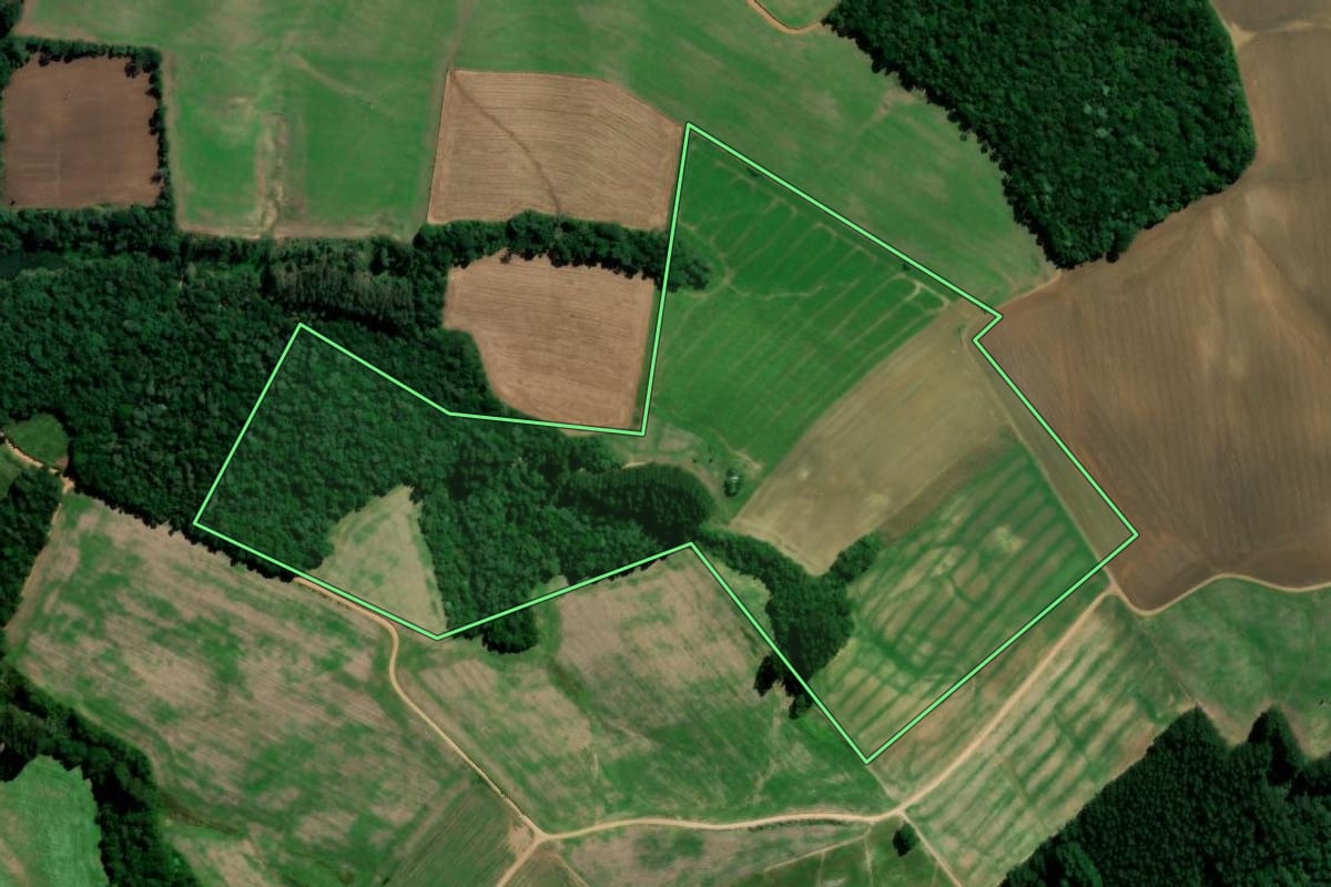 Imagem de satélite do imóvel rural em Rebouças (PR), com o contorno declarado no CAR desenhado por cima.