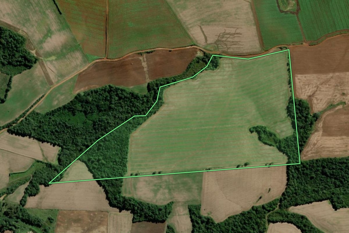 Imagem de satélite do imóvel rural em Rebouças (PR), com o contorno declarado no CAR desenhado por cima.