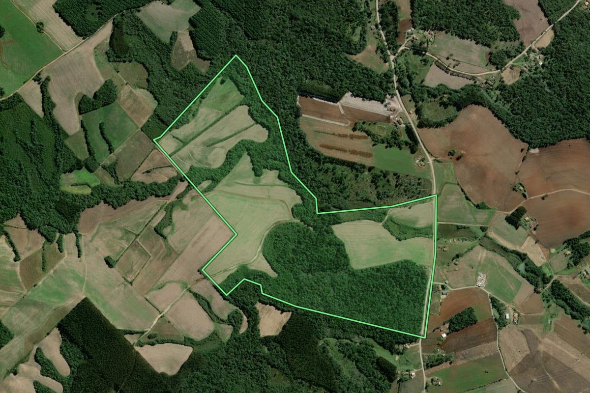 Imagem de satélite do imóvel rural em Rebouças (PR), com o contorno declarado no CAR desenhado por cima.