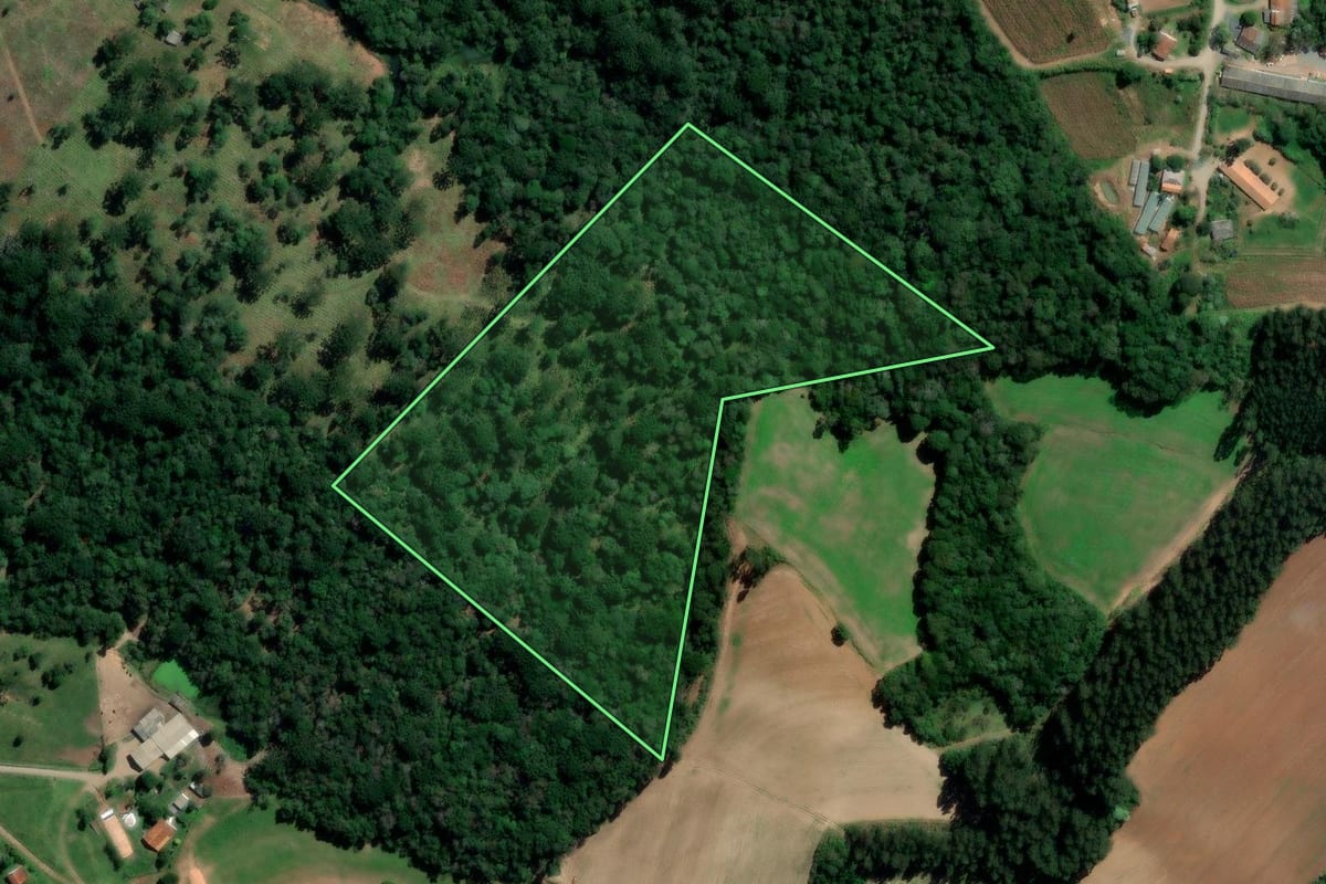 Imagem de satélite do imóvel rural em Rebouças (PR), com o contorno declarado no CAR desenhado por cima.