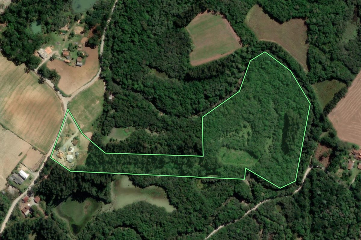 Imagem de satélite do imóvel rural em Rebouças (PR), com o contorno declarado no CAR desenhado por cima.