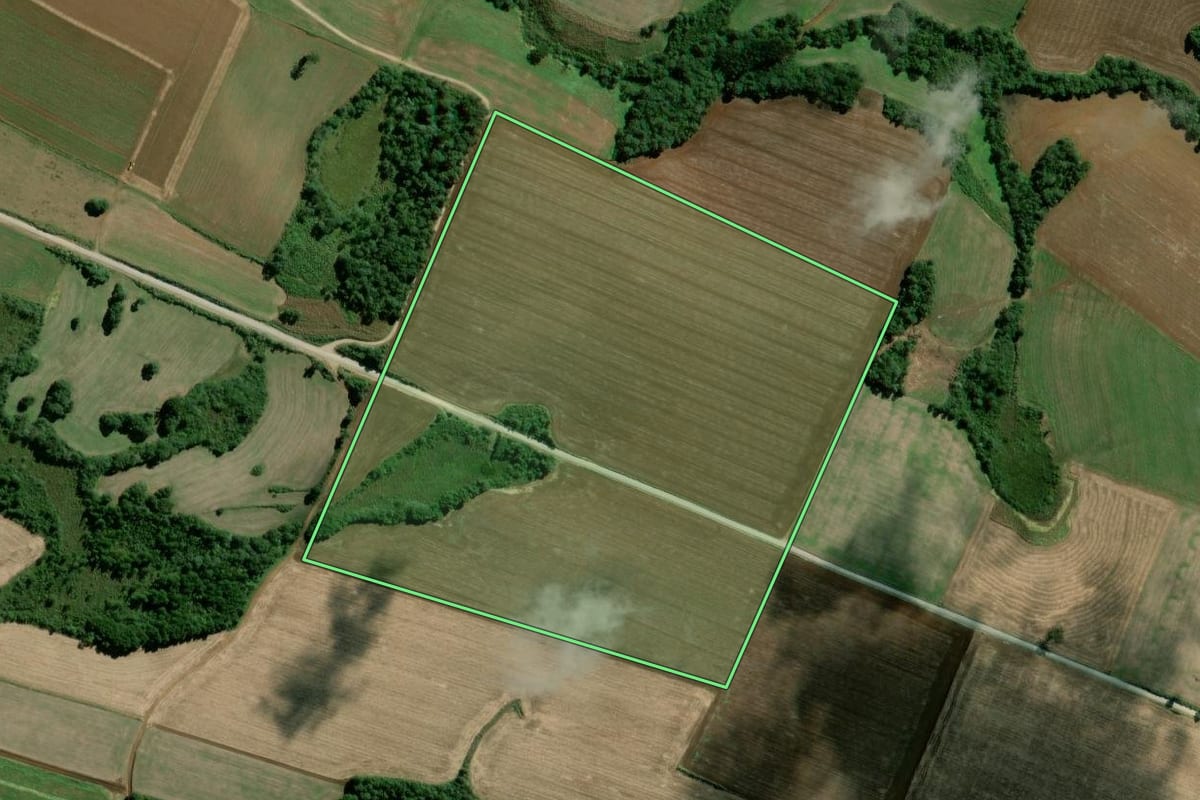 Imagem de satélite do imóvel rural em Rebouças (PR), com o contorno declarado no CAR desenhado por cima.