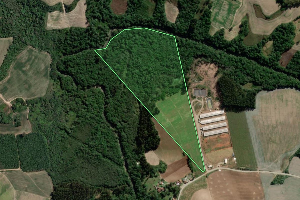 Imagem de satélite do imóvel rural em Rebouças (PR), com o contorno declarado no CAR desenhado por cima.