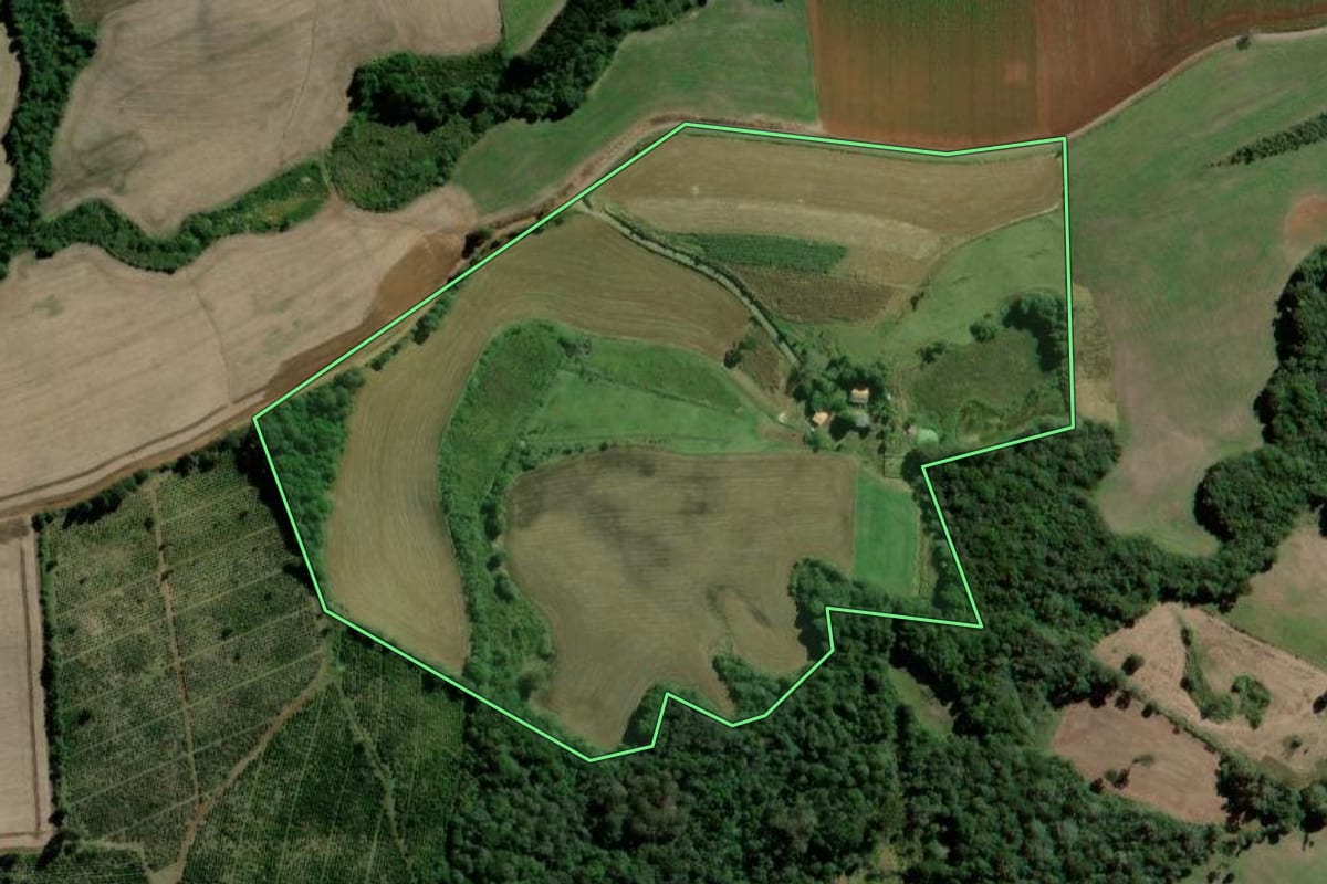 Imagem de satélite do imóvel rural em Rebouças (PR), com o contorno declarado no CAR desenhado por cima.