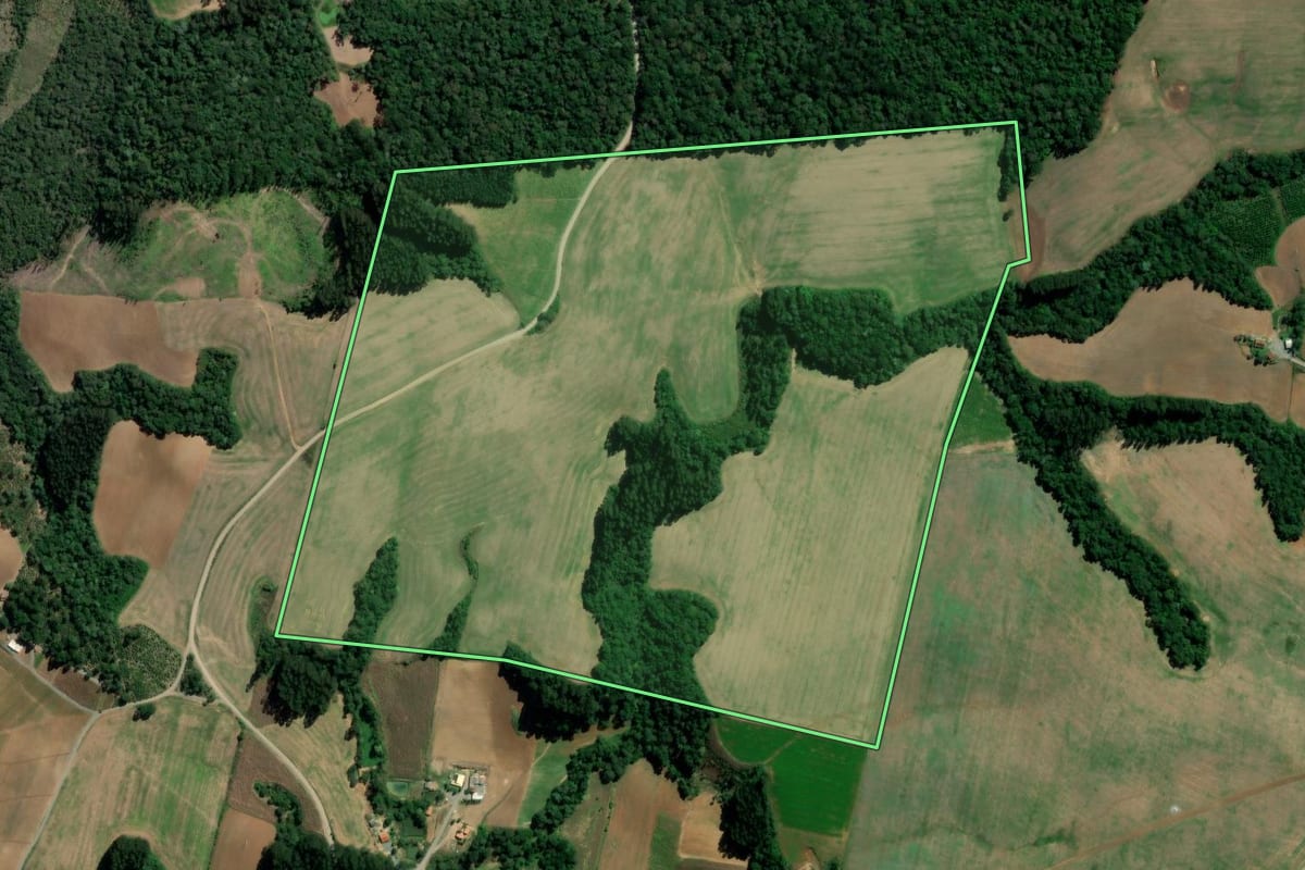 Imagem de satélite do imóvel rural em Rebouças (PR), com o contorno declarado no CAR desenhado por cima.