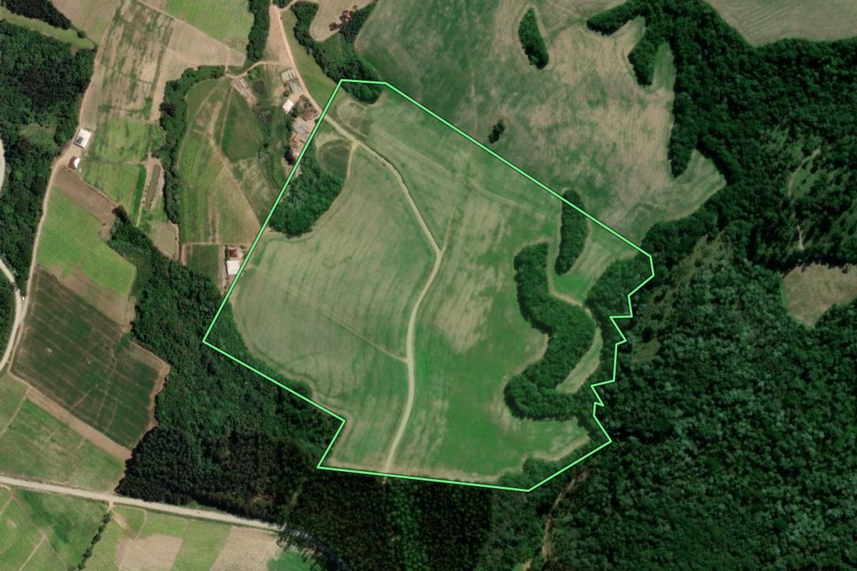 Imagem de satélite do imóvel rural em Rebouças (PR), com o contorno declarado no CAR desenhado por cima.
