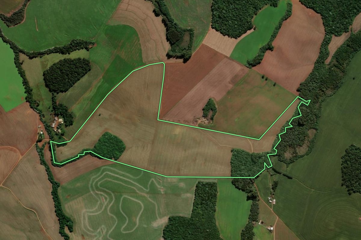 Imagem de satélite do imóvel rural em Renascença (PR), com o contorno declarado no CAR desenhado por cima.