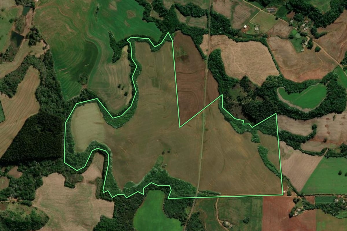 Imagem de satélite do imóvel rural em Renascença (PR), com o contorno declarado no CAR desenhado por cima.