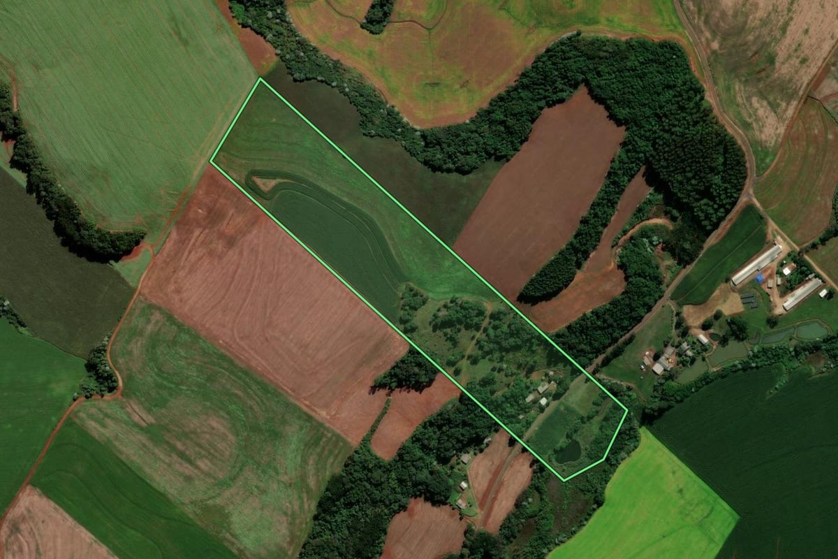 Imagem de satélite do imóvel rural em Renascença (PR), com o contorno declarado no CAR desenhado por cima.