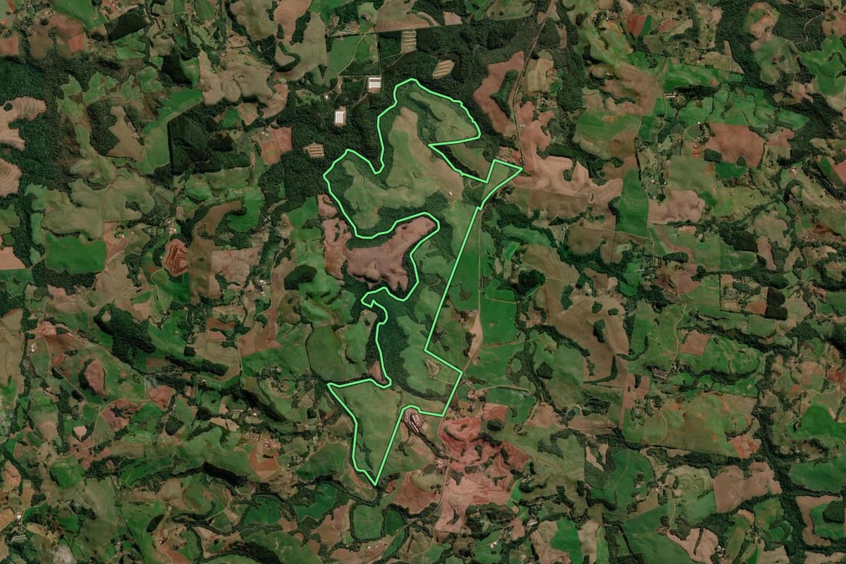 Imagem de satélite do imóvel rural em Renascença (PR), com o contorno declarado no CAR desenhado por cima.