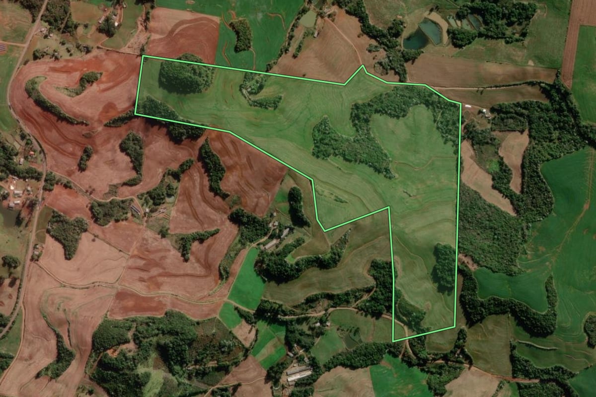 Imagem de satélite do imóvel rural em Renascença (PR), com o contorno declarado no CAR desenhado por cima.